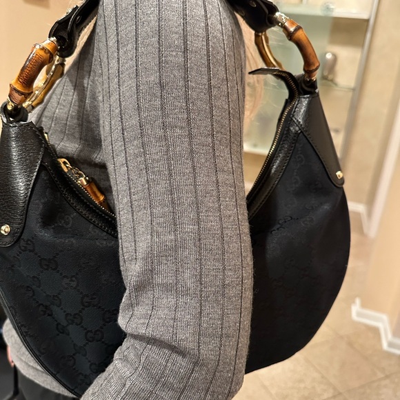 Gucci Bamboo Ring Half Moon Medium Black Canvas - Picture 11 of 13